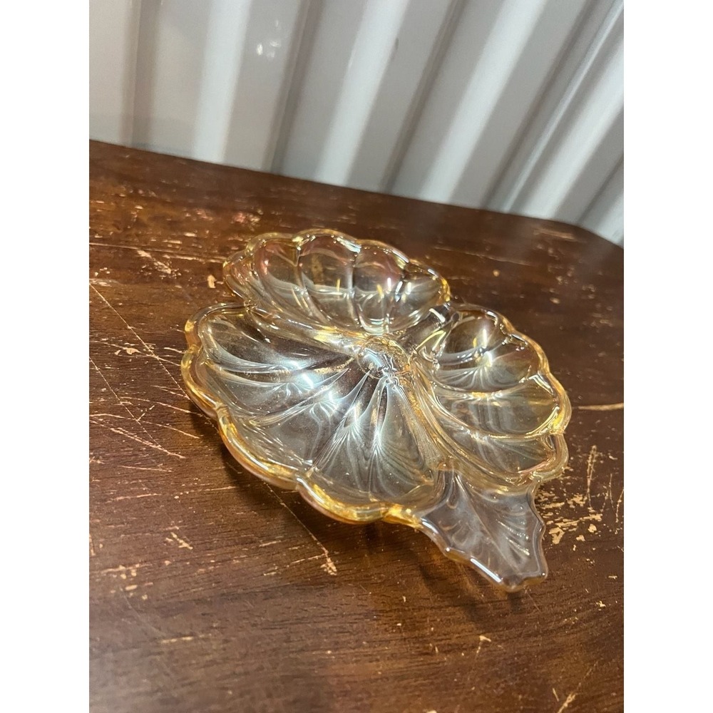 Vintage Jeannette Marigold Iridescent Carnival Glass Flower and Leaf Candy Dish